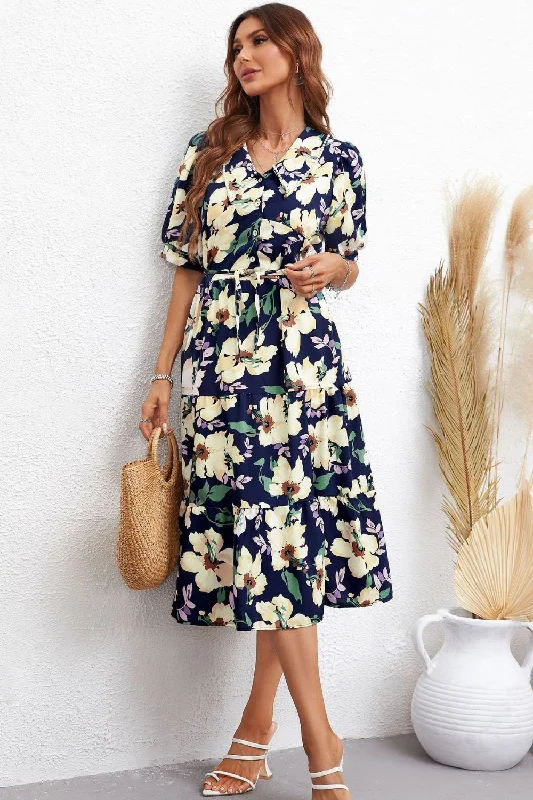 Floral Collared Neck Tiered Midi Dress Trendy Ruffled Sleeve Midi Dress