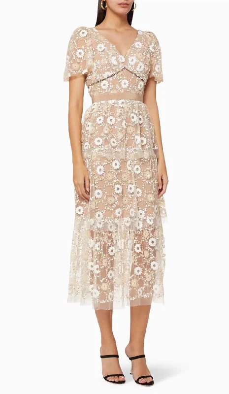 FLORAL EMBELLISHED PUFF SLEEVE MIDI DRESS IN WHITE Comfortable Stretch Midi Dress