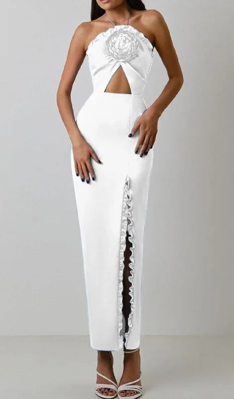 FLORAL EMBELLISHED SLIT MIDI DRESS IN WHITE Comfortable Sleeveless Midi Dress