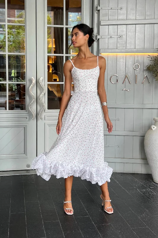 Floral Flounce Bustier Midi Dress Chic Off-Shoulder Midi Dress