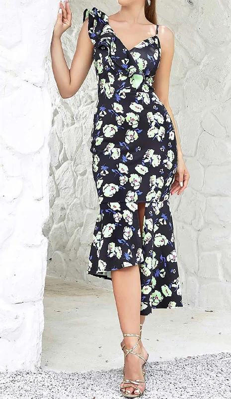 FLORAL PRINT RUFFLES MIDI DRESS Chic Lace Detail Midi Dress