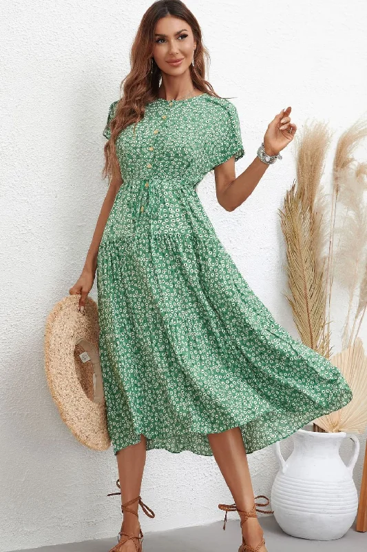 Floral Round Neck Tie Waist Tiered Midi Dress Trendy Ruched Side Midi Dress