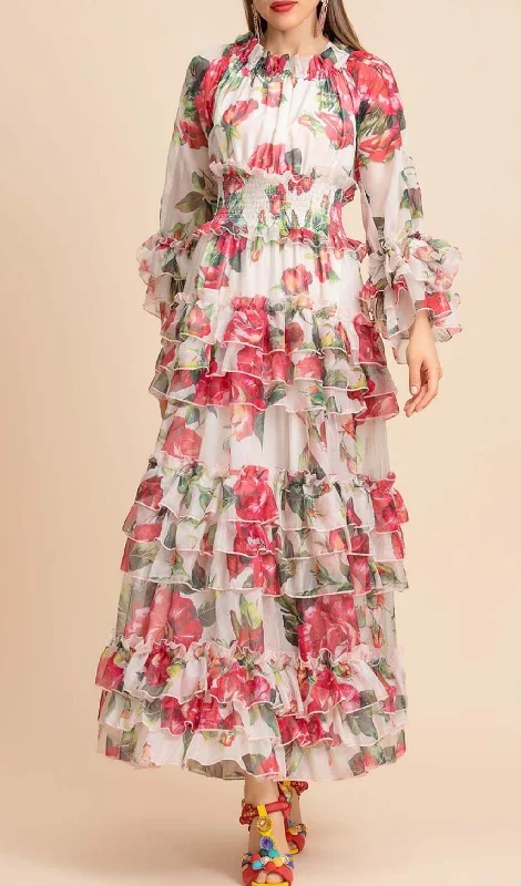 FLORAL TIERED MIDI DRESS IN PINK Comfortable Denim Midi Dress