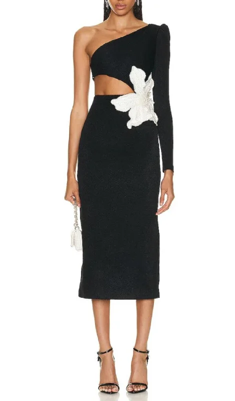 FLOWER APPLIQUE ONE SHOULDER MIDI DRESS  IN BLACK Fashionable Pencil Midi Dress