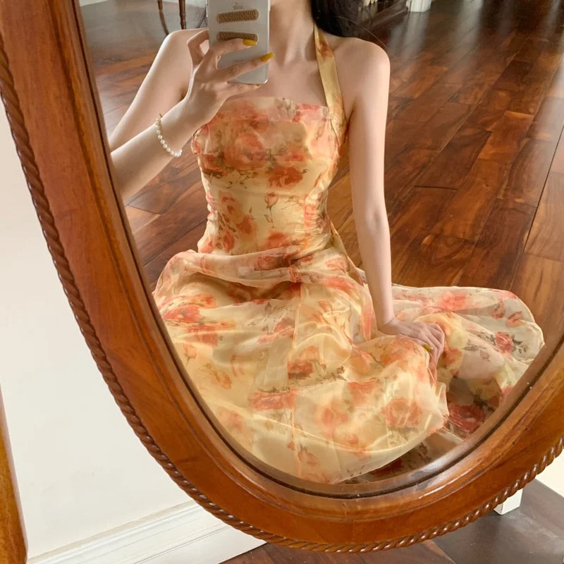 French Vintage Dress Women Elegant Backless Floral Halter Neck Midi Dress Summer Chiffon Holiday Beach Dresses for Women Elegant V-Neck Midi Dress French Vintage Dress Women Elegant Backless Floral Halter Neck Midi Dress Summer Chiffon Holiday Beach Dresses for Women Elegant V-Neck Midi Dress