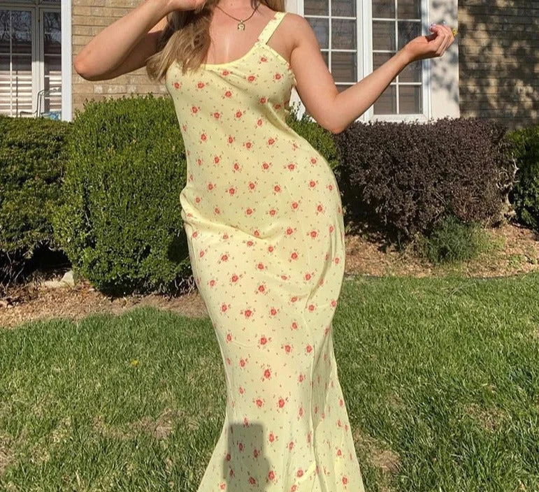 Summer Floral Print Yellow Midi Dress Women Spaghetti Strap Beach Backless Sexy Vintage Elegant Fashion Sexy Dresses Stylish Silk Midi Dress