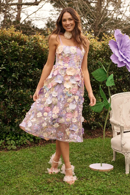 Garden Of Time Midi Dress In Lilac Floral Embroidered Tulle Stylish Button-Down Midi Dress