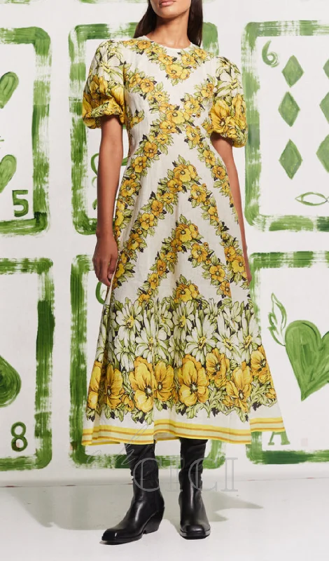 ALYSSA FLORAL PRINT MIDI DRESS IN YELLOW Trendy Off-Shoulder Button Midi Dress