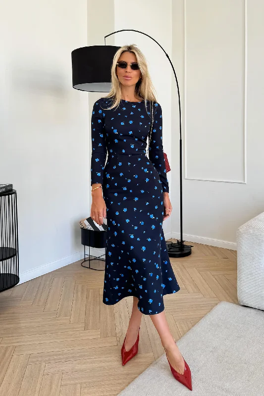 Godet Silhouette Long Sleeve Floral Midi Dress Stylish Cold Shoulder Midi Dress