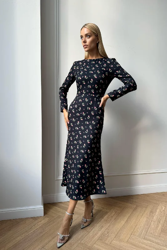 Godet Silhouette Long Sleeve Floral Midi Dress Elegant V-Neck Midi Dress
