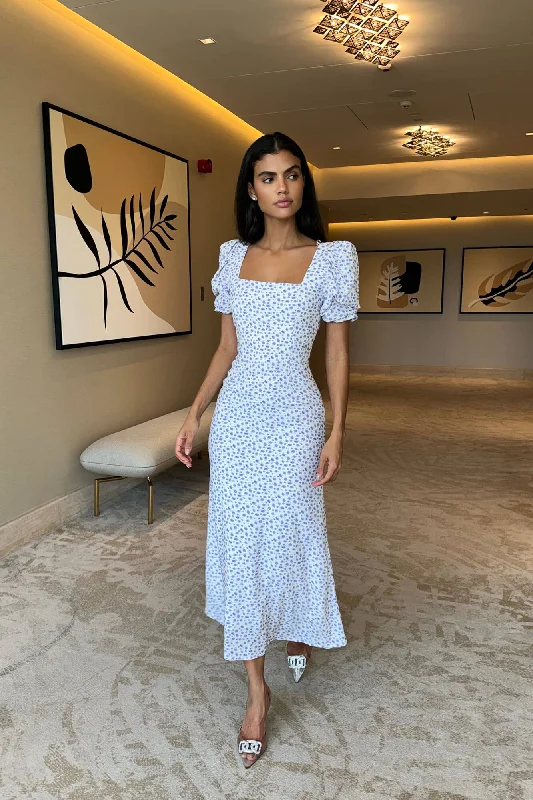 Godet Silhouette Square Neck Midi Dress Trendy Smocked Waist Midi Dress