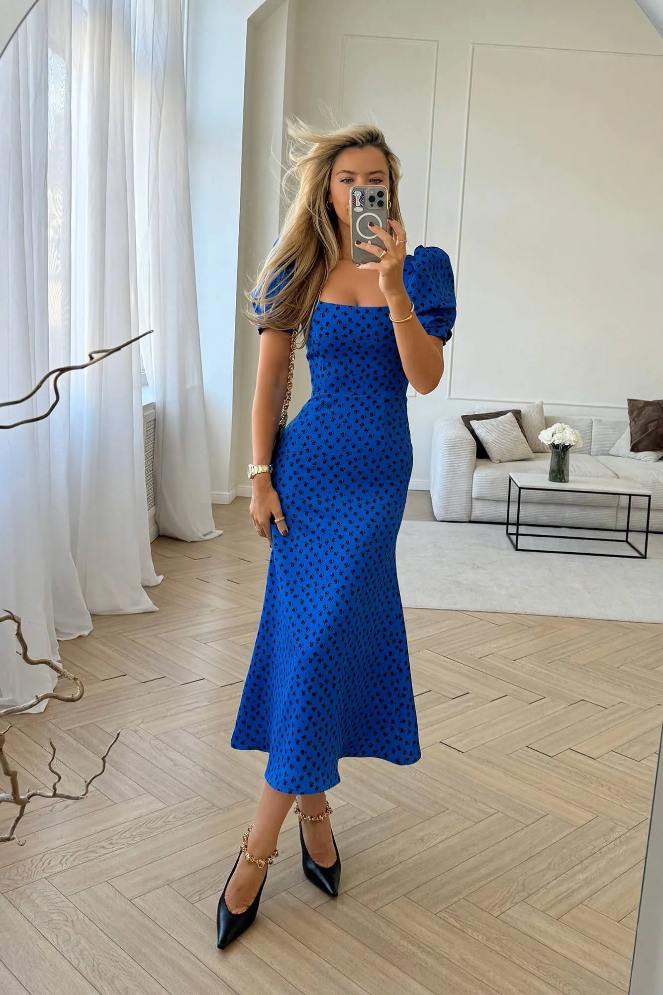 Godet Silhouette Square Neck Midi Dress Trendy A-Line Midi Dress