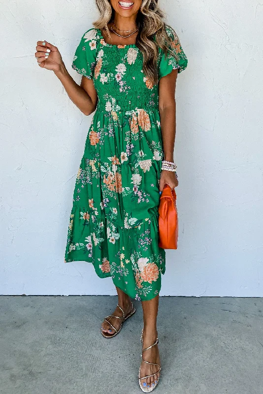 Green Floral Print Bubble Sleeve Smocked Tiered Midi Dress Comfortable Denim Midi Dress