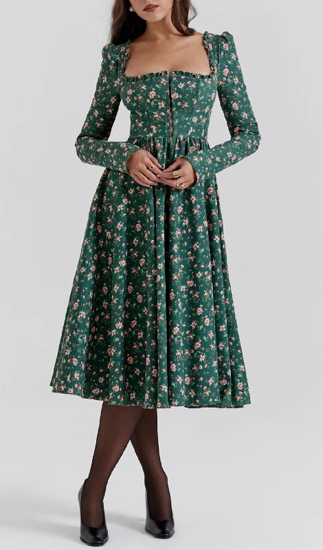 GREEN FLORAL PRINTED MIDI DRESS Stylish Tiered Midi Dress