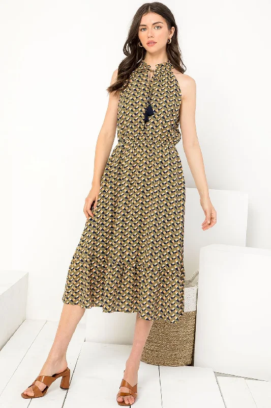 Halter Tassel Tie Printed Midi Dress Trendy Ruffled Sleeve Midi Dress
