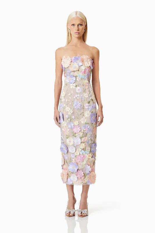 Helena Strapless Midi Dress In Purple Comfortable Denim Midi Dress