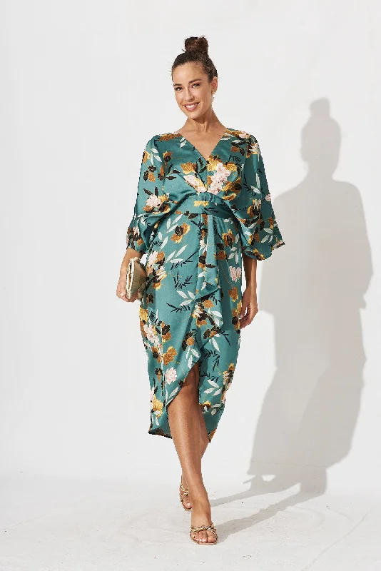 Joyful Midi Dress In Green With Blush Floral Satin Elegant Puff Sleeve Midi Dress
