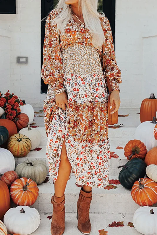 Khaki Floral Print Ruffled Tiered Long Sleeve V Neck Midi Dress Elegant Faux Wrap Midi Dress