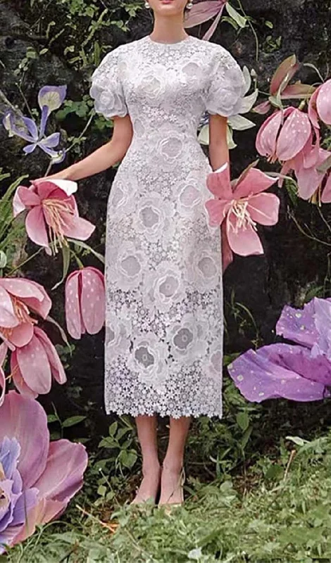 LACE HOLLOW EMBROIDERY A LINE MIDI DRESS IN WHITE Comfortable Short Sleeve Midi Dress