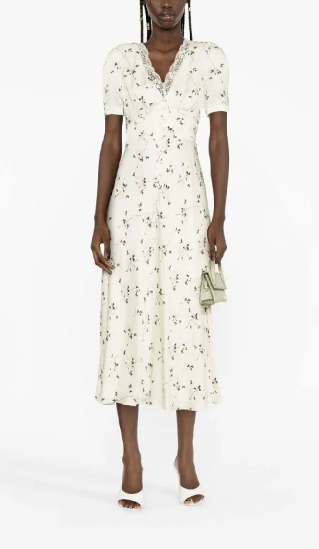 LACE TRIM FLORAL-PRINT MIDI DRESS IN LIGHT GRAYISH Cozy A-Line Midi Dress
