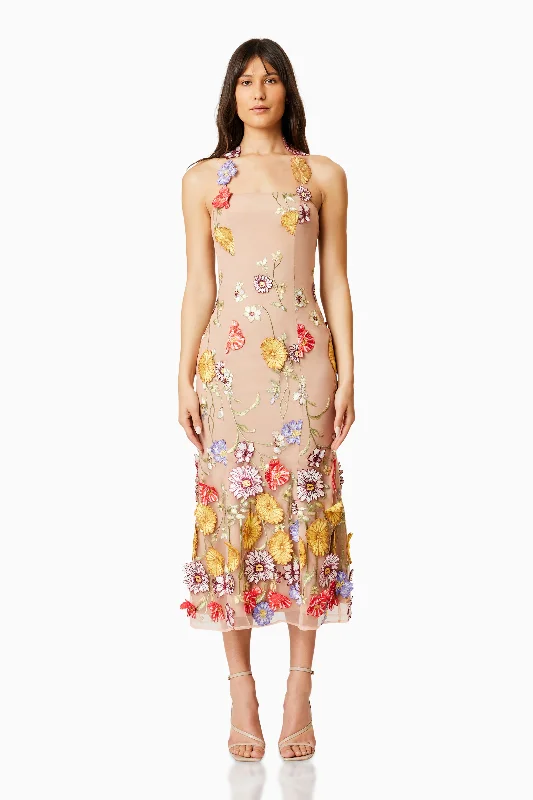 Lark Floral Midi Dress In Multi Comfortable Ribbed Midi Dress