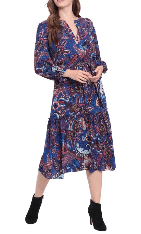 London Times T6378M - Printed Flowy Midi Dress Stylish Wraparound Midi Dress
