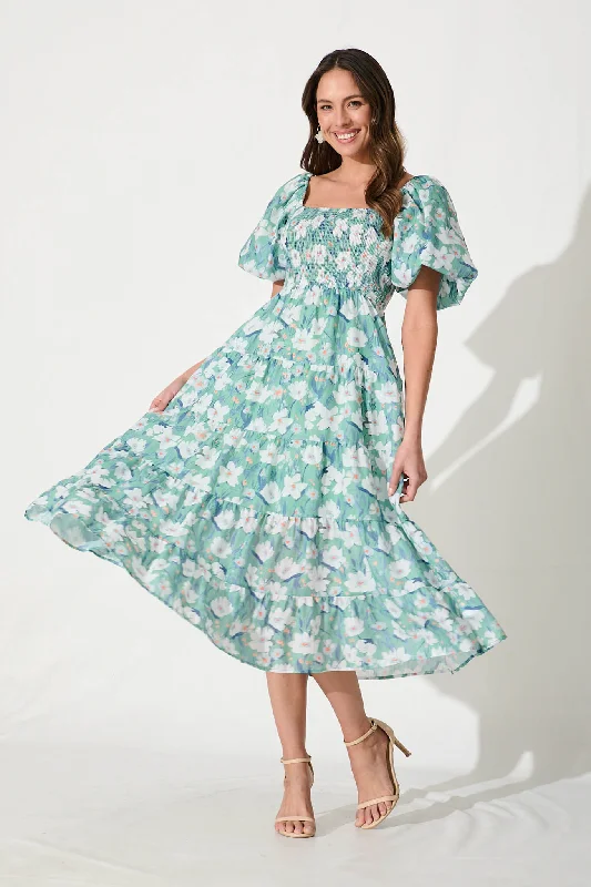 Luella Midi Dress In Multi Green Floral Fashionable High-Low Midi Dress