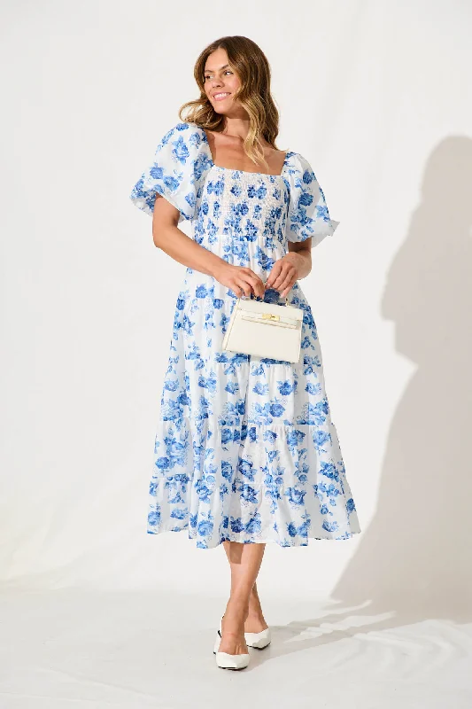 Luella Midi Dress In White With Blue Floral Cotton Blend Cozy A-Line Midi Dress
