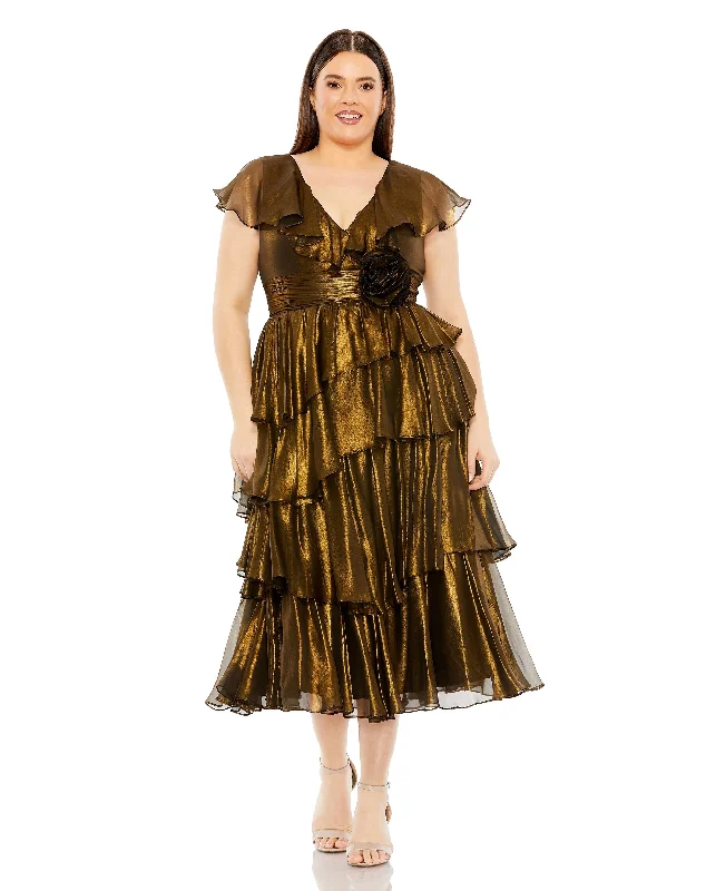 Mac Duggal 49775W Plus Size V Neck Ruffle Tiered Rose Detail Midi Dress Cozy Ribbed Knit Midi Dress Mac Duggal 49775W Plus Size V Neck Ruffle Tiered Rose Detail Midi Dress Cozy Ribbed Knit Midi Dress