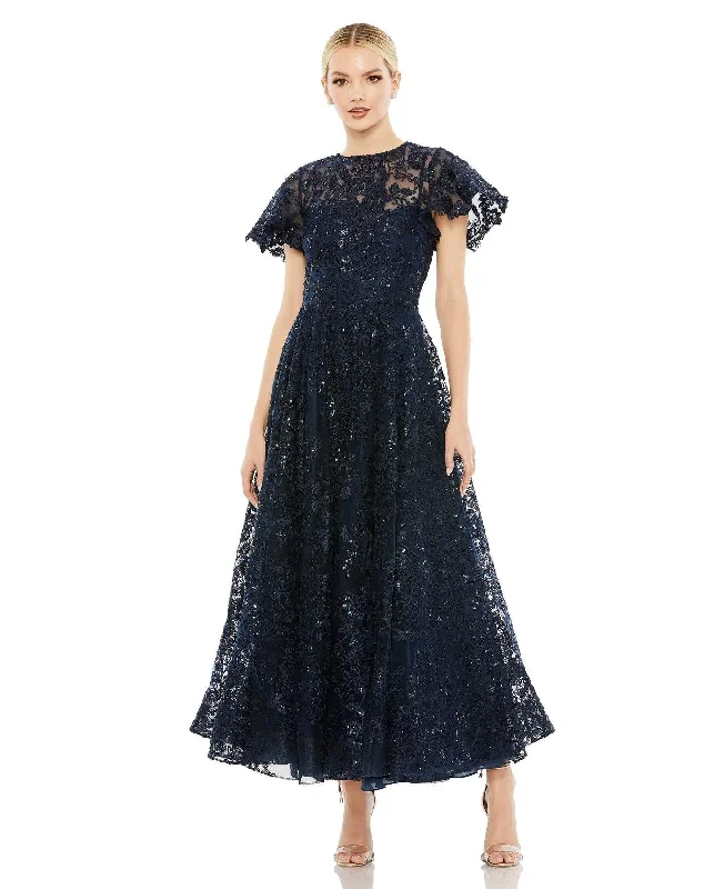Mac Duggal 50665 Floral Lace Formal Midi Dress Sale Fashionable Sheer Sleeve Midi Dress