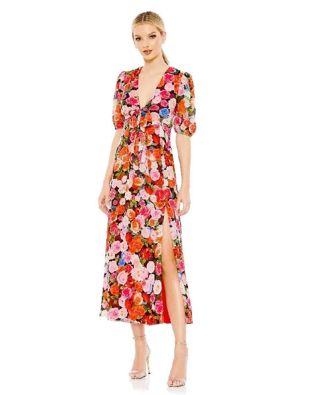 Mac Duggal 55626 Formal Floral Print Chiffon Midi Dress Elegant Pleated Sleeve Midi Dress