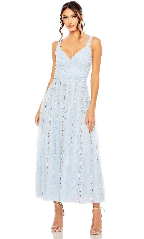 Mac Duggal 8027 - V-Neck Ruffle Embroidered Midi Dress Cozy A-Line Midi Dress