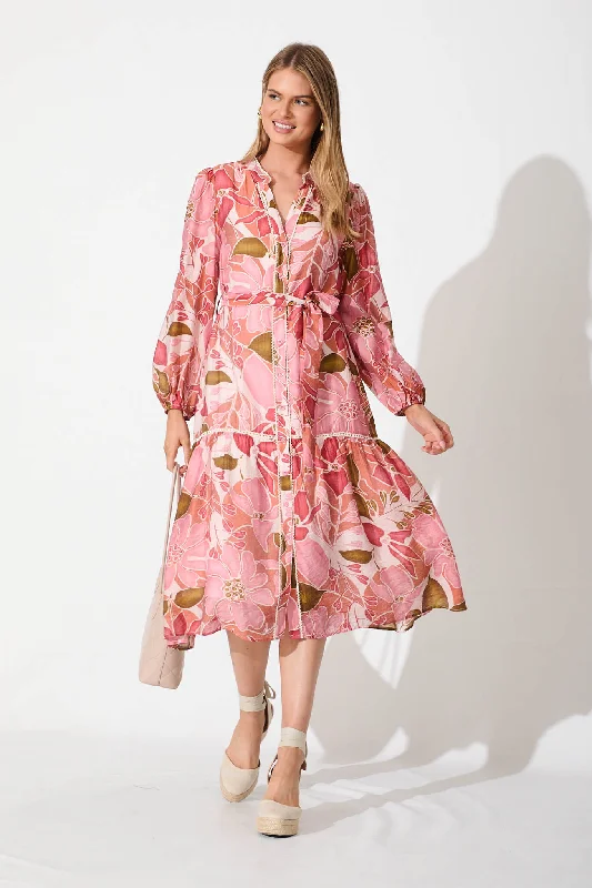 Matira Midi Dress In Multi Pink Floral Cotton Blend Chic Lace Detail Midi Dress