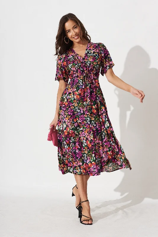 Melody Midi Dress In Black Multi Floral Fashionable Pencil Midi Dress