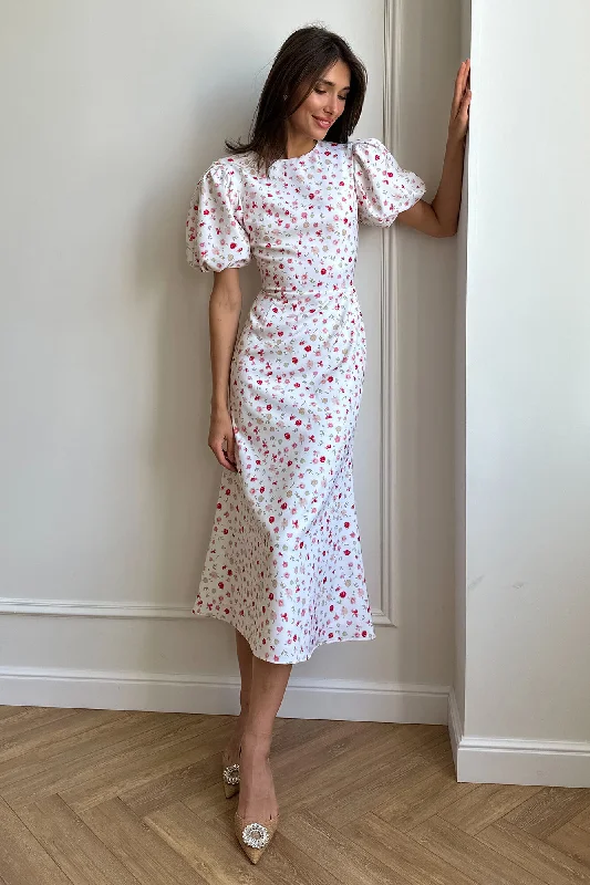 Puff Sleeve Printed Midi Dress Comfortable Short Sleeve Midi Dress