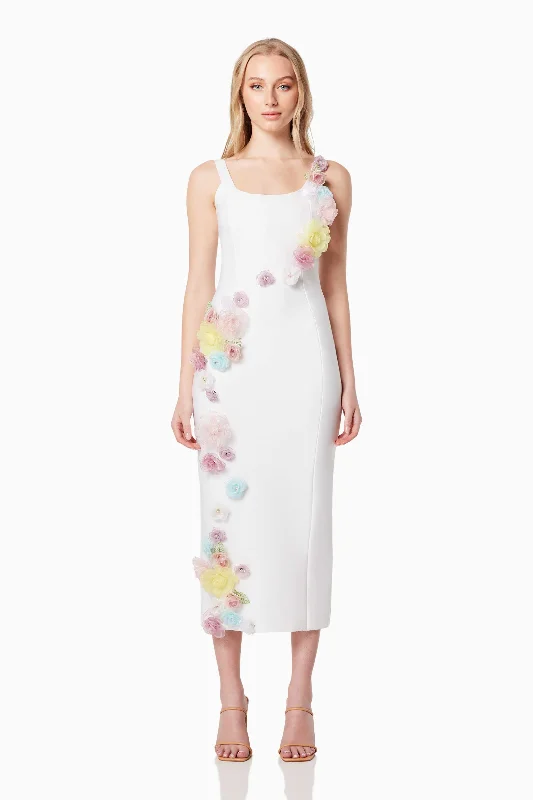 Motif 3D Floral Midi Dress In White Fashionable Skater Midi Dress