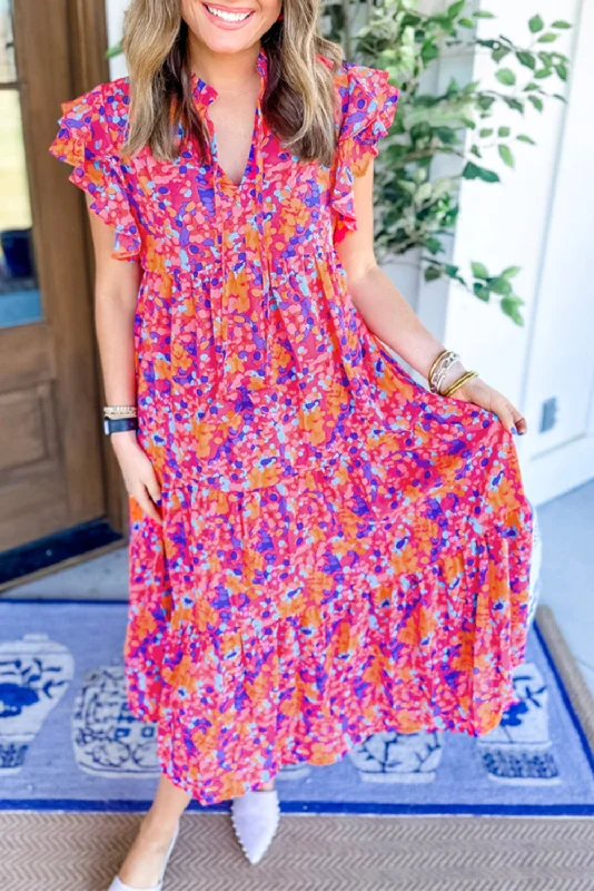 Multicolour Abstract Floral Print Ruffle Tiered Sleeve Midi Dress Elegant Floral Skirt Midi Dress Multicolour Abstract Floral Print Ruffle Tiered Sleeve Midi Dress Elegant Floral Skirt Midi Dress