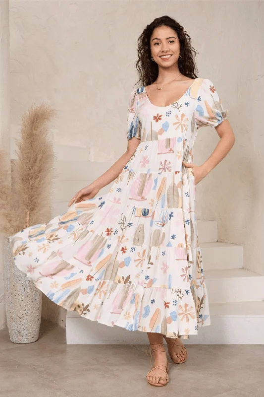 Nevada Midi Dress - White Cactus Elegant Puff Sleeve Midi Dress
