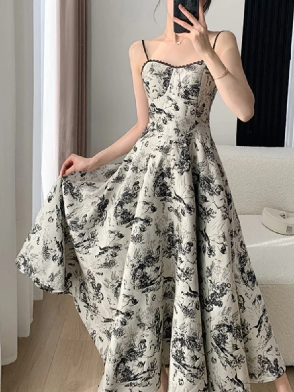 New Summer Women Spaghetti Strap Floral Casual Midi Dress Sleeveless Slim Fashion Elegant Beach Boho Vestidos Female Robe Mujers Stylish Animal Print Midi Dress