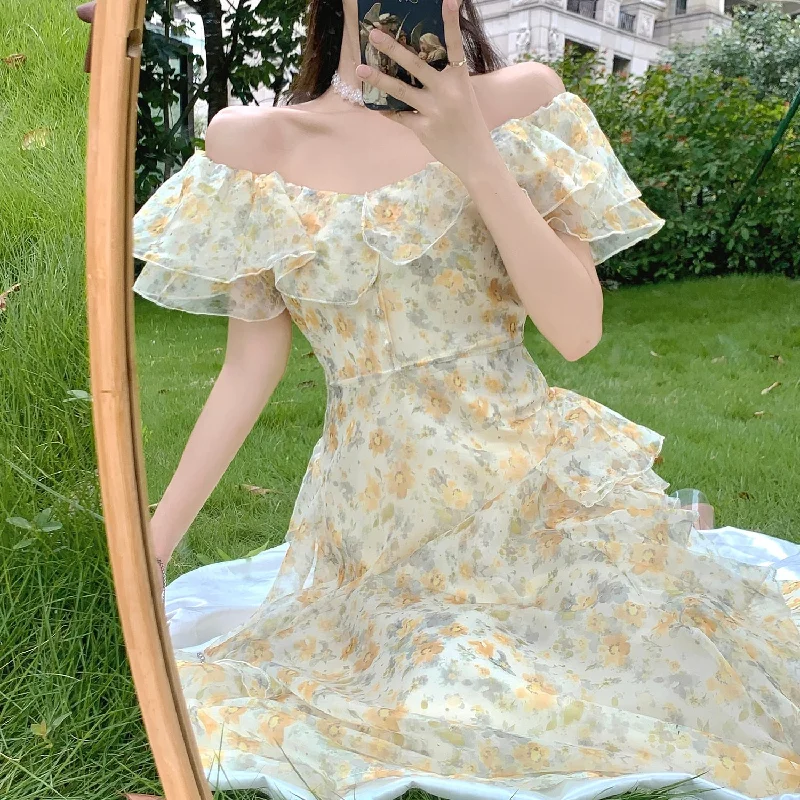 Off The Shoulder Dresses Women Ruffles Floral Designer Fairy Elegant Dress Female Summer Evening Party Vintage Midi Dresses Fashionable One-Shoulder Midi Dress