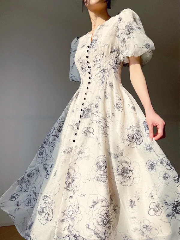 Office Lady Elegant Floral Midi Dress Formal One Piece Dress Korean Party Beach Long Sleeve Casual Dress Woman Summer Chic Comfortable Denim Midi Dress