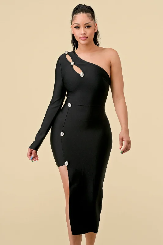 One Shoulder Cut Out Midi Dress Trendy Flared Sleeve Midi Dress