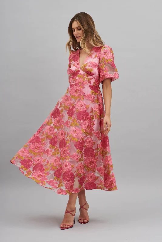 Opulence Midi Dress In Pink Floral Organza Burnout Cozy Spaghetti Strap Midi Dress