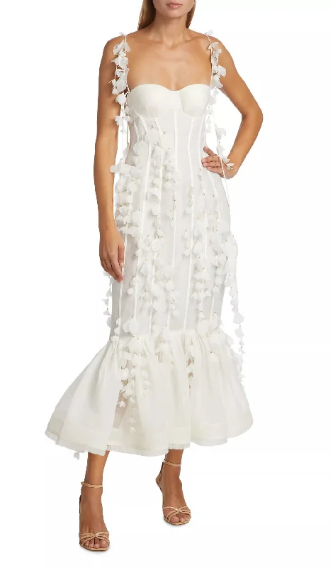 PETAL APPLIQUÉ LINEN-SILK CORSET MIDI DRESS IN WHITE Stylish High-Waisted Midi Dress PETAL APPLIQUÉ LINEN-SILK CORSET MIDI DRESS IN WHITE Stylish High-Waisted Midi Dress