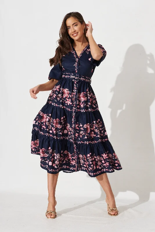 Piper Midi Dress In Navy With Blush Floral Fashionable Plaid Midi Dress
