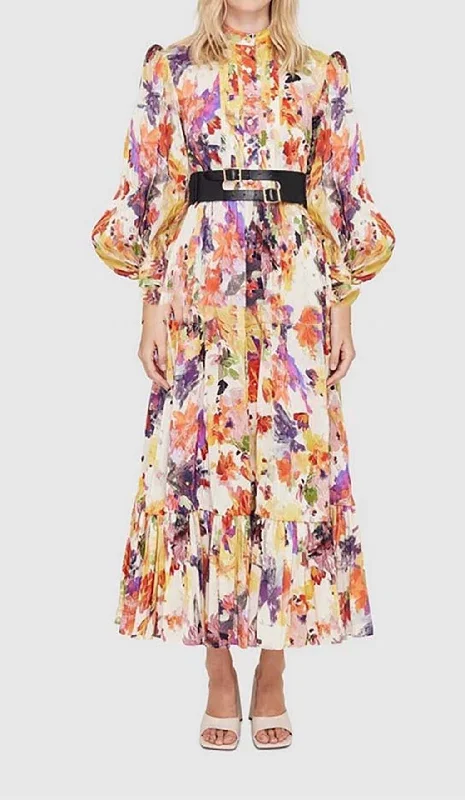 POISE PRINT SILK MIDI DRESS IN MULTI-COLOR Trendy Shift Midi Dress