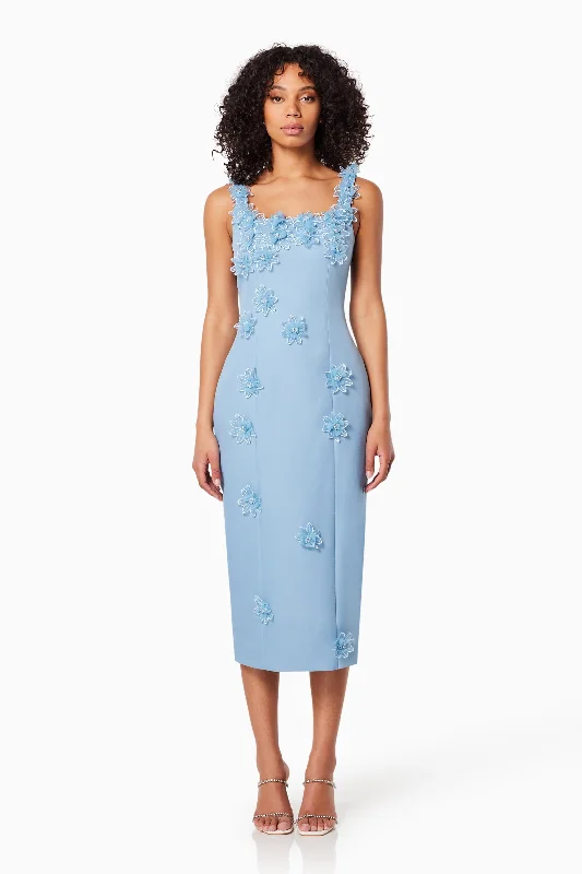 Prague 3D Floral Midi Dress In Blue Stylish High-Waisted Midi Dress