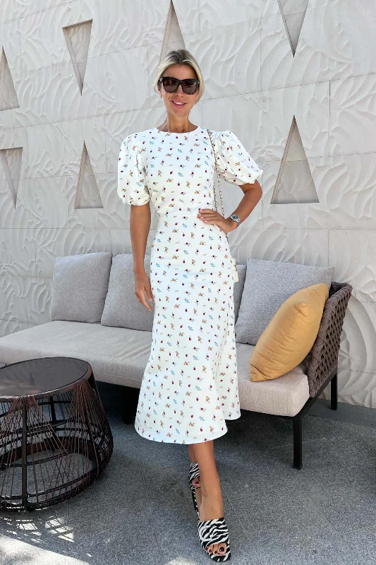 Puff Sleeve Printed Midi Dress Trendy Flared Sleeve Midi Dress