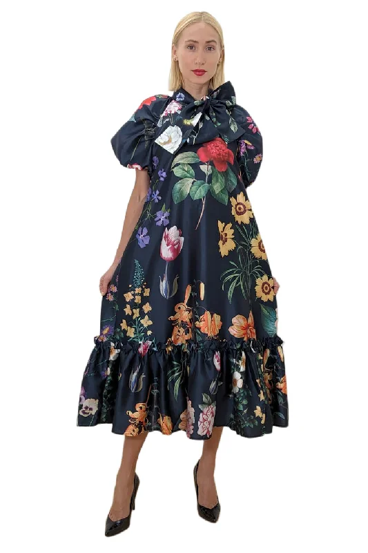 Puff Sleeve Floral Print Midi Dress Trendy Shift Midi Dress