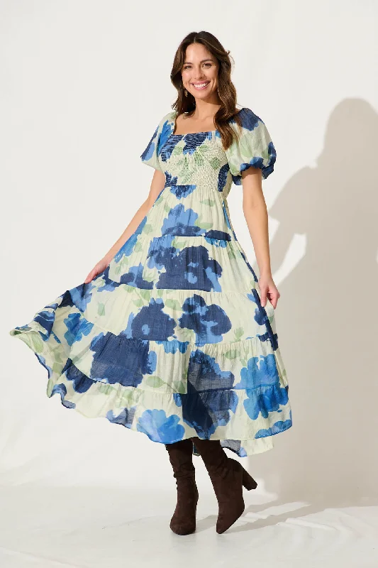 Reina Midi Dress In Blue Floral Fashionable Polka Dot Midi Dress